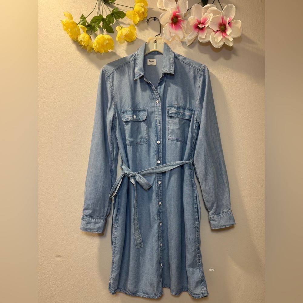 Light Blue Denim Shirt Dress with Tie Belt